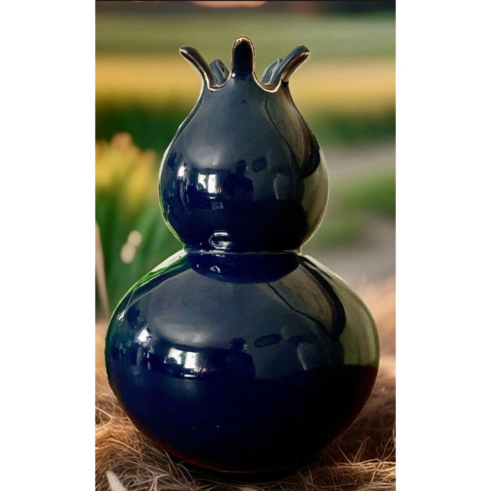 Cobalt Blue Gourd Vase Glossy Crown Rim Chinoiserie Mood Maximalist Decor 8"